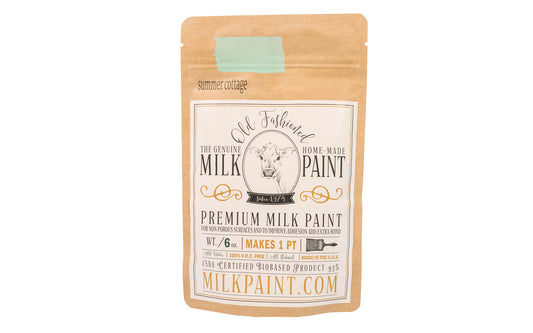 This Milk Paint color is "Summer Cottage" - Bright light green with blue undertones. Comes in a powder form, you can control how thick/thin you mix the paint. Use it as you would regular paint, thinner for a wash/stain or thicker to create texture. Environmentally safe, non-toxic & is food safe. 100% VOC free. Powder Paint