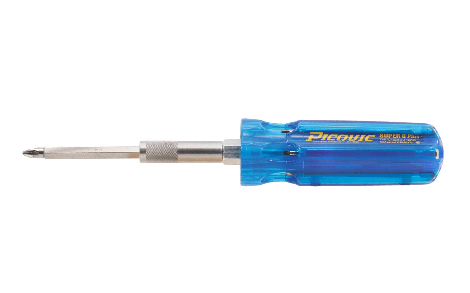 Picquic Model 98881 - Carded "Super 8 Plus" with a solid handle for comfort & torque, & has no moving parts. Bits included: #1, #2, #3 phillips, 1/4", 3/16" slotted, #2 square, 15 Torx. Super 8 Plus Multi-Bit screwdriver with bit storage in handle. 57369988814. magnetic rare earth magnet holds the working bit in shank