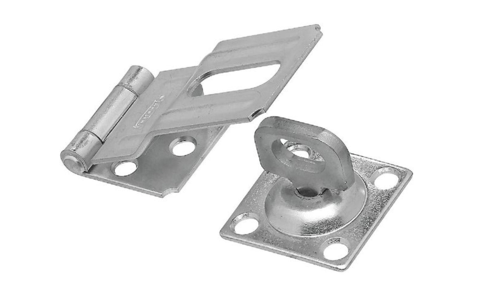 3-1/4" zinc-plated swivel safety hasp is designed to secure a wide variety of cabinets, small doors, boxes, trunks, & more. For security, all screws are concealed when hasp is closed. Includes swivel staple. National Hardware Model N102-855. 038613102859. Plated to withstand weather conditions & prevent corrosion.