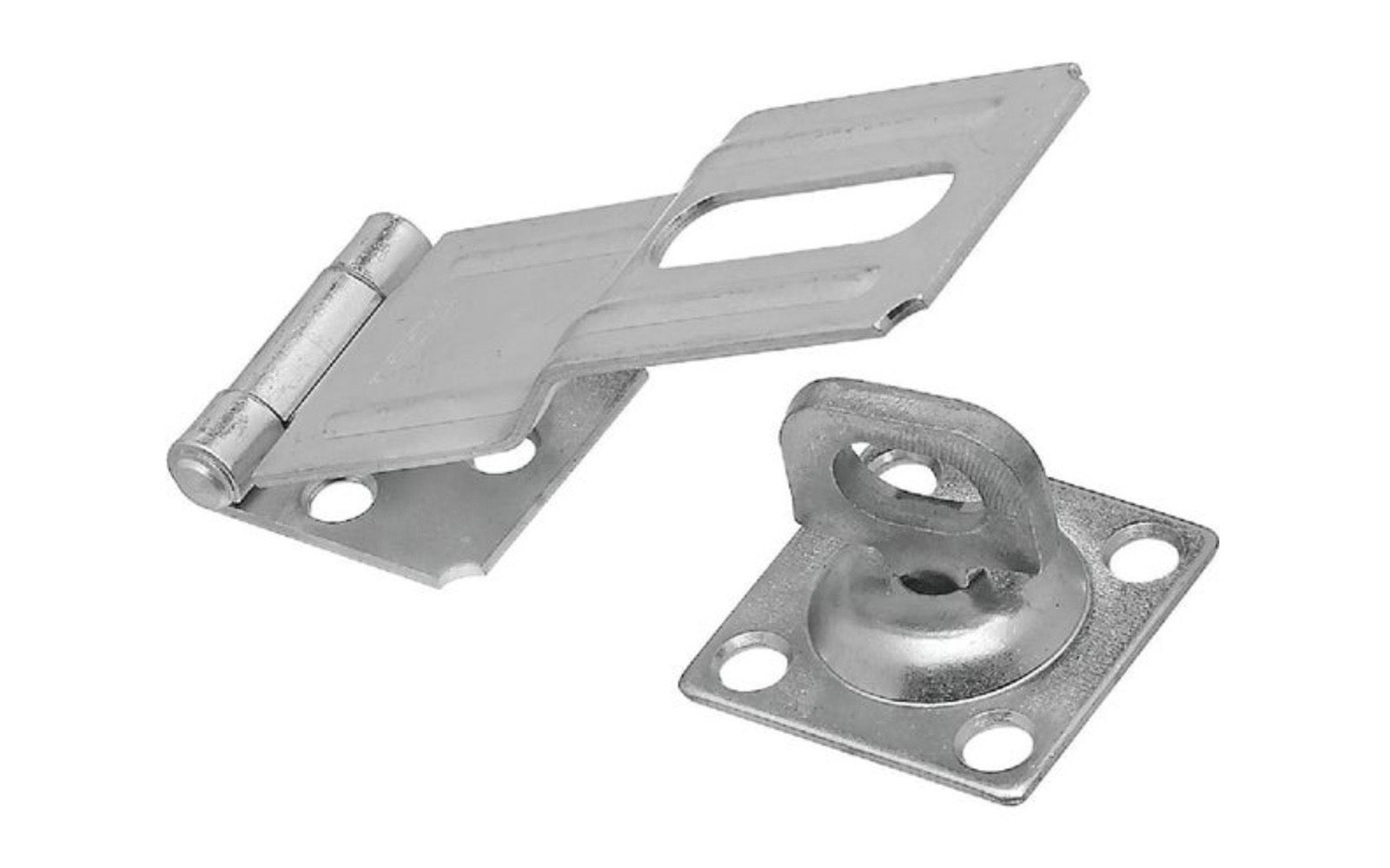 4-1/2" zinc-plated swivel safety hasp is designed to secure a wide variety of cabinets, small doors, boxes, trunks, & more. For security, all screws are concealed when hasp is closed. Includes swivel staple. National Hardware Model N102-921. 038613102927. Plated to withstand weather conditions & prevent corrosion.