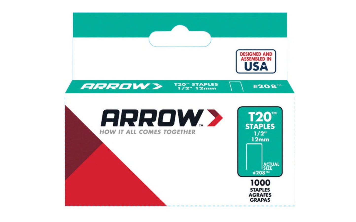 Arrow T20 1/2" Staples - 1000 PK. 1/4" (6 mm) size. Item No. 208. For use with Arrow staple guns model No. T20, T2025, ET20, & ET2025. Designed & assembled in USA. 079055200086