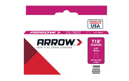 Arrow T18 Round Crown Cable 3/8" Staples - 1000 PK. Fits wire up to 3/16" diameter. Good for Telephone Wiring & Cable.  Designed & assembled in USA.. 079055180388. Model No. 186. Designed for use with Arrow staple gun Model No. T18