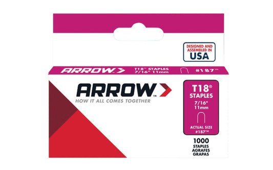 Arrow T18 Round Crown Cable 7/16" Staples - 1000 PK. Fits wire up to 3/16" diameter. Good for Telephone Wiring & Cable.  Designed & assembled in USA. 079055187165. Model No. 187. Designed for use with Arrow staple gun Model No. T18.