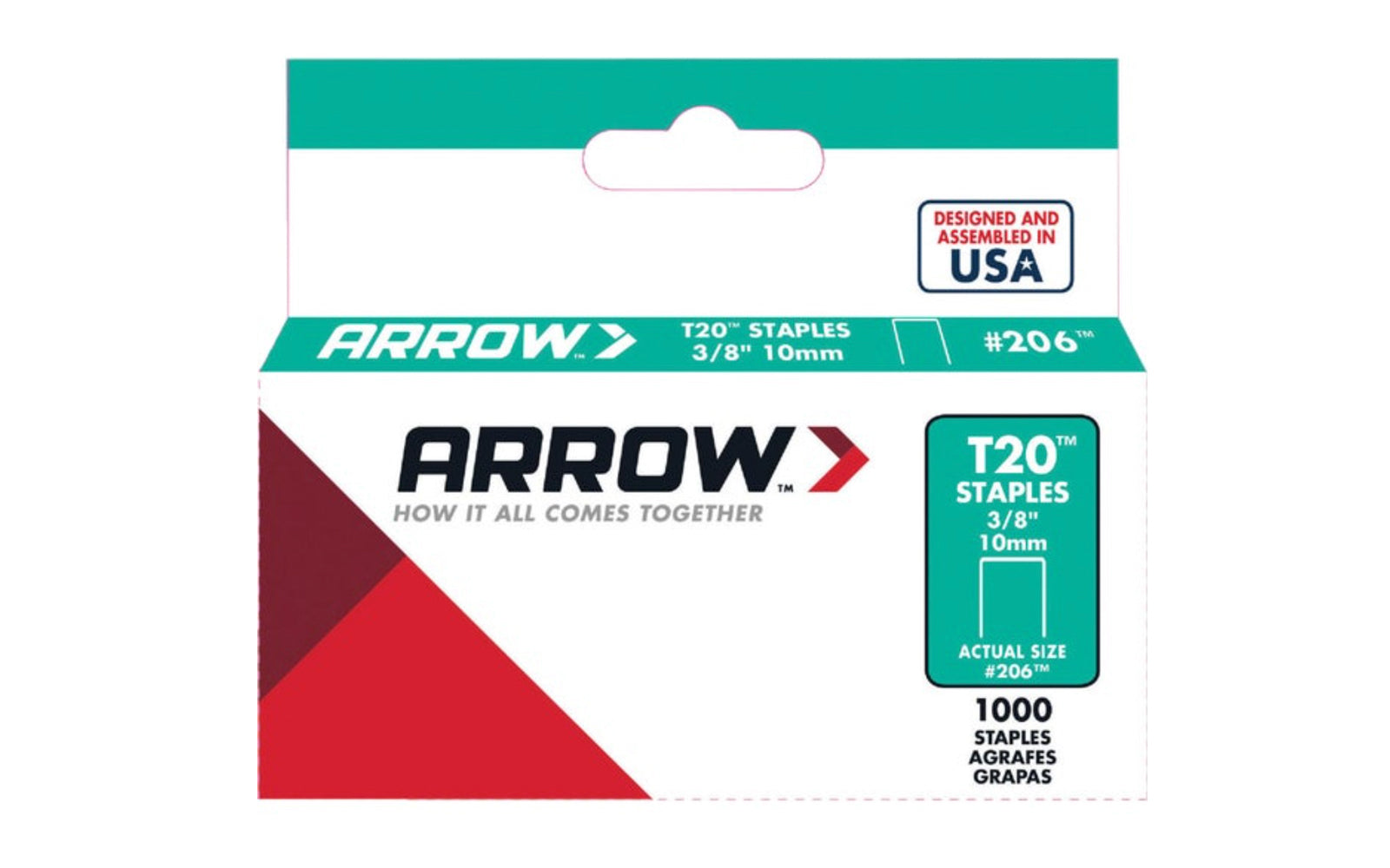 Arrow T20 3/8" Staples - 1000 PK. 3/8" (10 mm) size. Item No. 206. For use with Arrow staple guns model No. T20, T2025, ET20, & ET2025.  Designed & assembled in USA. 079055200062