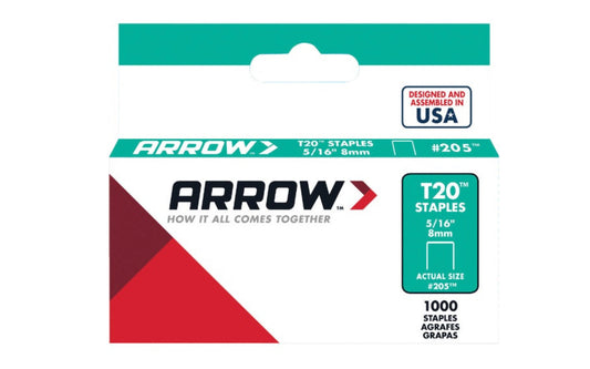 Arrow T20 5/16" Staples - 1000 PK. 5/16" (8 mm) size. Item No. 205. For use with Arrow staple guns model No. T20, T2025, ET20, & ET2025. 079055200055