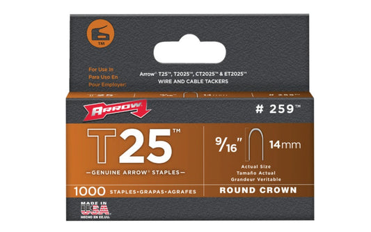 Arrow T25 Round Crown Cable 9/16" Staples - 1000 PK. Fits wire up to 1/4" diameter. Good for CAT 5, Telephone Wiring, Speaker Wire.  Designed & assembled in USA. 079055259169