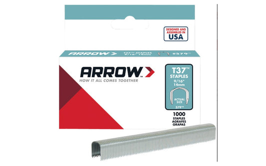 This Arrow T37 Round Crown 9/16" Staples - 1000 PK are designed for use in the Arrow T37 Wire & Cable Stapler. 9/16" (14 mm) size. Fits low voltage wire up to 5/16 in diameter Item No. 379. 1000 PK. 079055379164