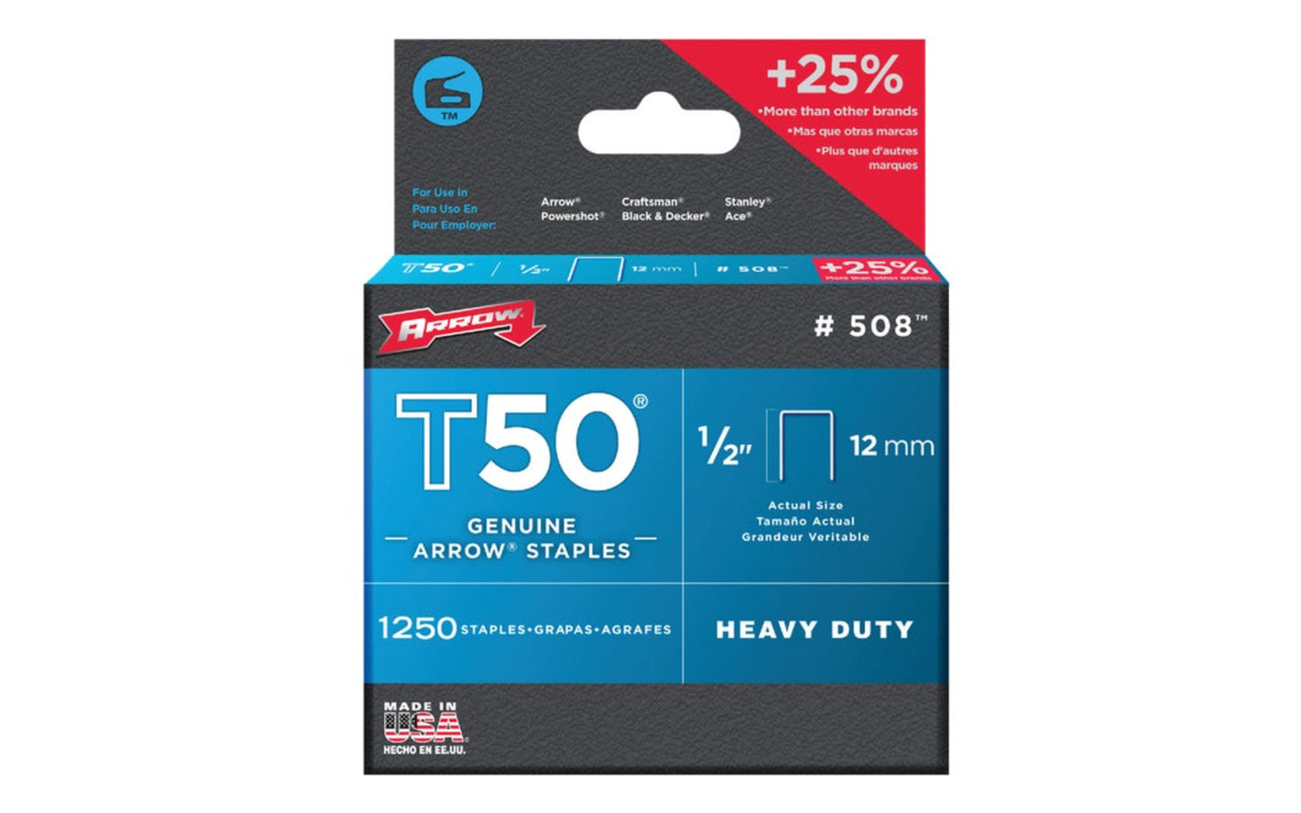 Arrow T50 Heavy Duty 1/2" Staples - 1250 PK. Model 508. Arrow Fastener T50 staples are the world’s best-selling heavy duty staple platform & have exceptional holding power. Used for all heavy duty stapling applications. Ideal for indoor applications. 1/2" (12 mm). Item No. 50824. 1250 staples in pack. 079055500124