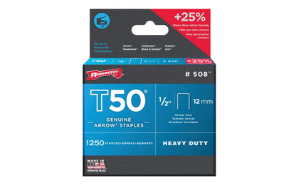 Arrow T50 Heavy Duty 1/2" Staples - 1250 PK. Model 508. Arrow Fastener T50 staples are the world’s best-selling heavy duty staple platform & have exceptional holding power. Used for all heavy duty stapling applications. Ideal for indoor applications. 1/2" (12 mm). Item No. 50824. 1250 staples in pack. 079055500124