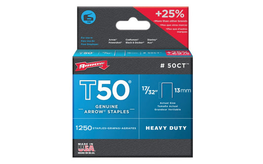 Arrow T50 Heavy Duty 17/32" Staples - 1250 PK. Model 50CT. Arrow Fastener T50 staples are the world’s best-selling heavy duty staple platform & have exceptional holding power. Used for all heavy duty stapling applications. Ideal for indoor applications. 17/32" (13 mm). Item No 50CT24. 1250 staples in pack. 079055500001