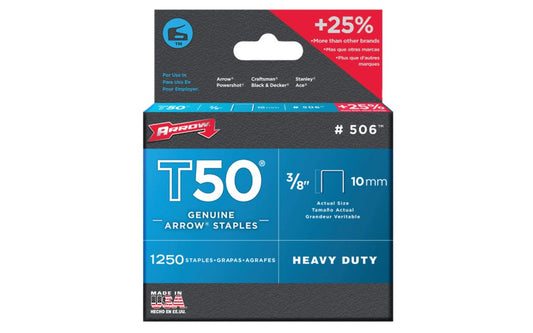 Arrow T50 Heavy Duty 3/8" Staples - 1250 PK. Model 506. Arrow Fastener T50 staples are the world’s best-selling heavy duty staple platform & have exceptional holding power. Used for all heavy duty stapling applications. Ideal for indoor applications. 3/8" (10 mm). Item No. 50624. 1250 staples in pack. 