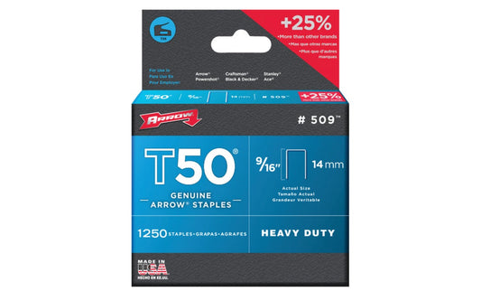 Arrow T50 Heavy Duty 9/16" Staples - 1250 PK. Model 509. Arrow Fastener T50 staples are the world’s best-selling heavy duty staple platform & have exceptional holding power. Used for all heavy duty stapling applications. Ideal for indoor applications. 9/16" (14 mm). Item No. 50924. 1250 staples in pack. 