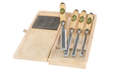 Two Cherries 4-Piece Firmer Chisel Set With Wooden Box ~ 3/8" (10 mm), 5/8" (16 mm), 3/4" (20 mm), 1" (26 mm) ~ Made in Germany