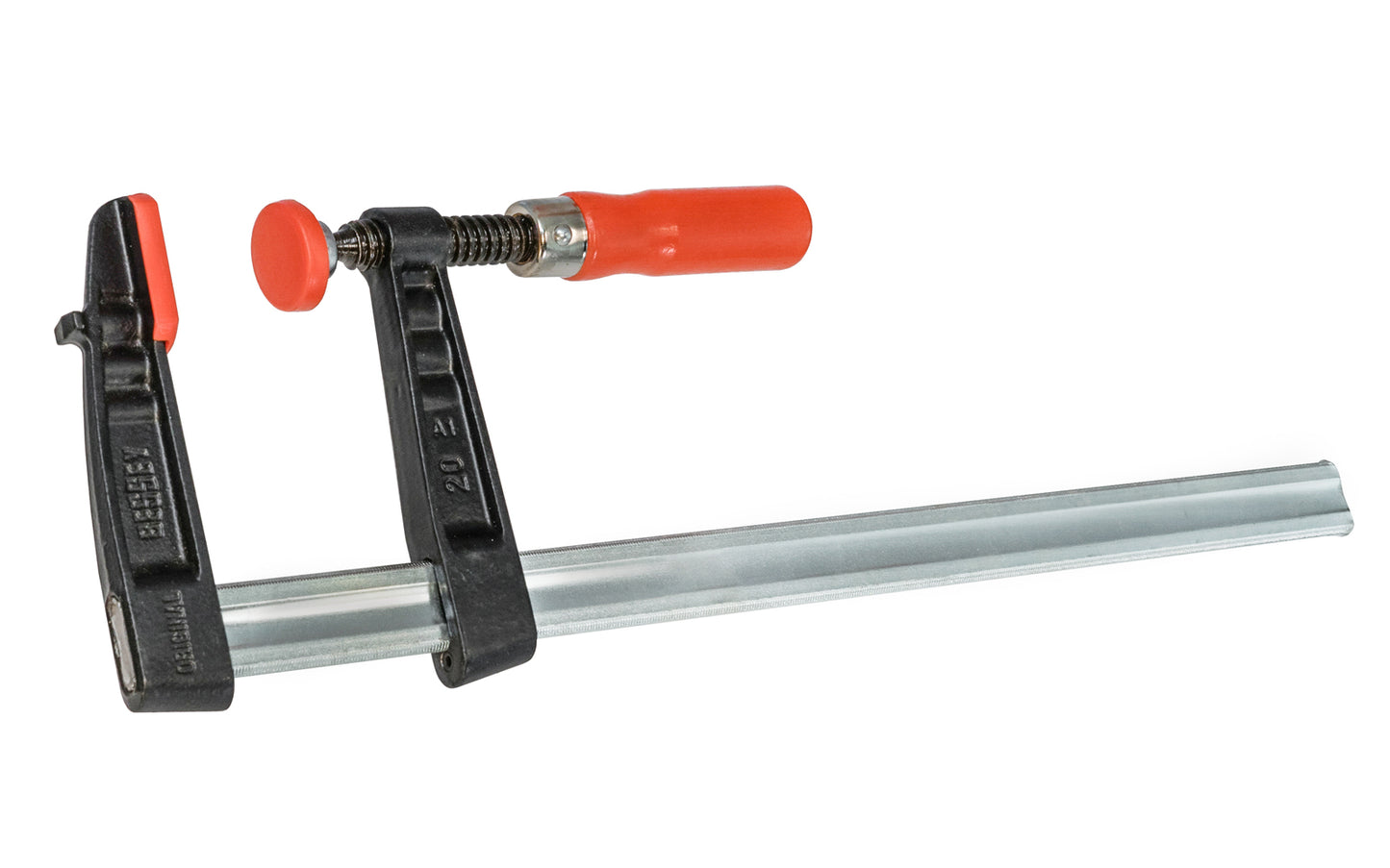 Bessey Light-Duty Steel Bar Clamps heads are made of malleable cast iron. The fixed jaw & sliding arm generates powerful & rigid clamping - acts against torsional forces - Wooden handles - 880 lbs. clamping pressure - Model No. TG4.016 - "TG series" Bessey Clamps 16" max opening - 4" throat depth - Made in Germany - 091162007525
