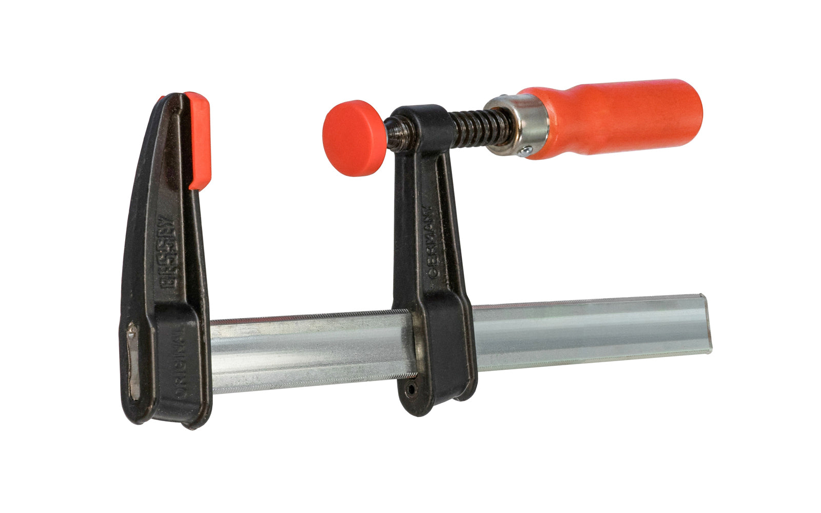 Bessey Light-Duty Steel Bar Clamps heads are made of malleable cast iron. The fixed jaw & sliding arm generates powerful & rigid clamping - acts against torsional forces - Wooden handles - 600 lbs. clamping pressure - Model No. TGJ2.506 - 