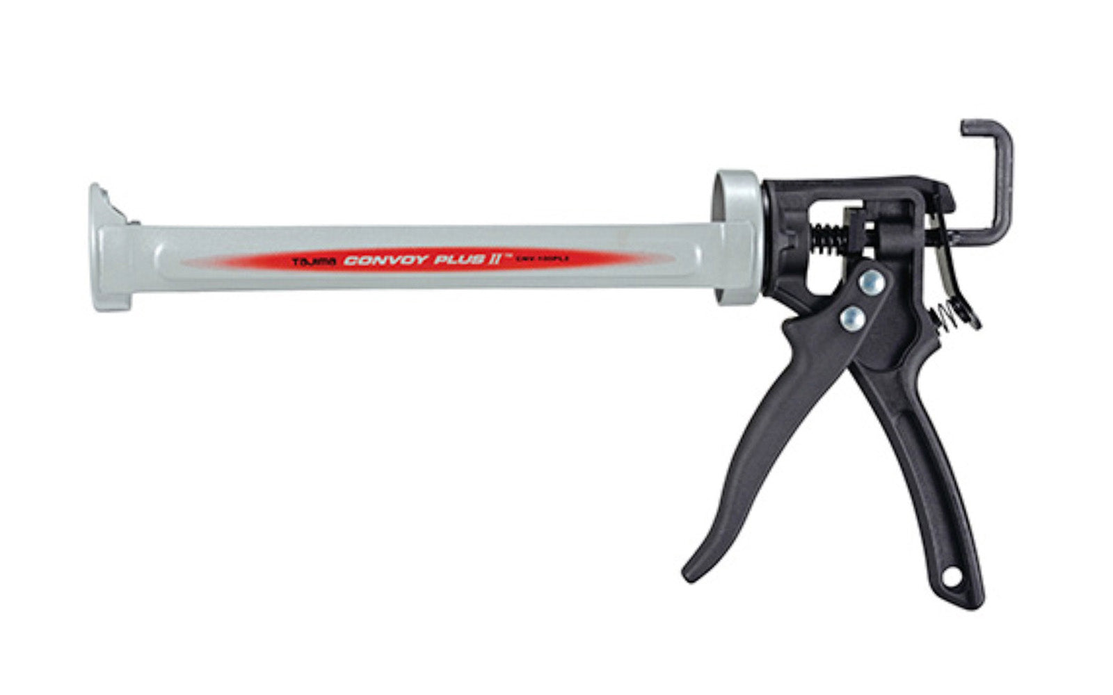 The  'Convoy' Plus II Caulking Gun for 10 oz Tubes / 1/10 Gal. made by Tajima. This model has an extra-long barrel, a 360° rotating handle, Auto-flow system, & a seal puncture pin. Designed for 10 oz tubes. Model No. CNV-100PL2