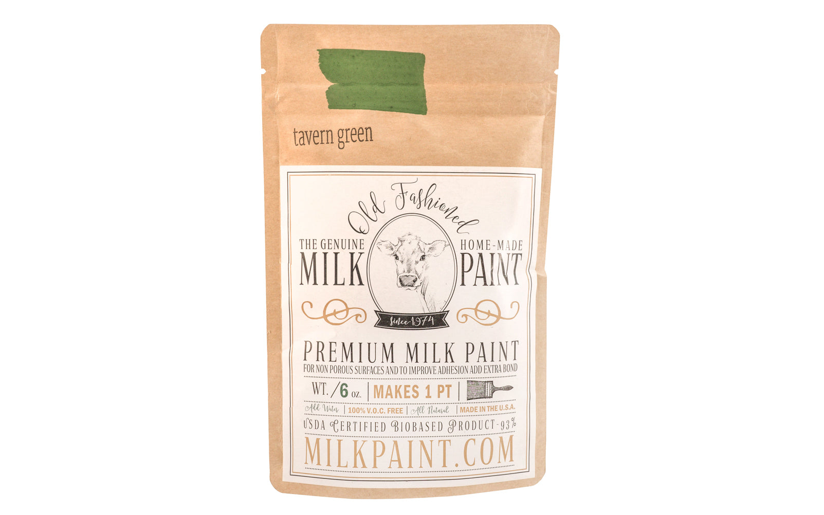 This Milk Paint color is "Tavern Green" - Dark subdued grass green. Comes in a powder form, you can control how thick/thin you mix the paint. Use it as you would regular paint, thinner for a wash/stain or thicker to create texture. Environmentally safe, non-toxic & is food safe. 100% VOC free. Powder Paint