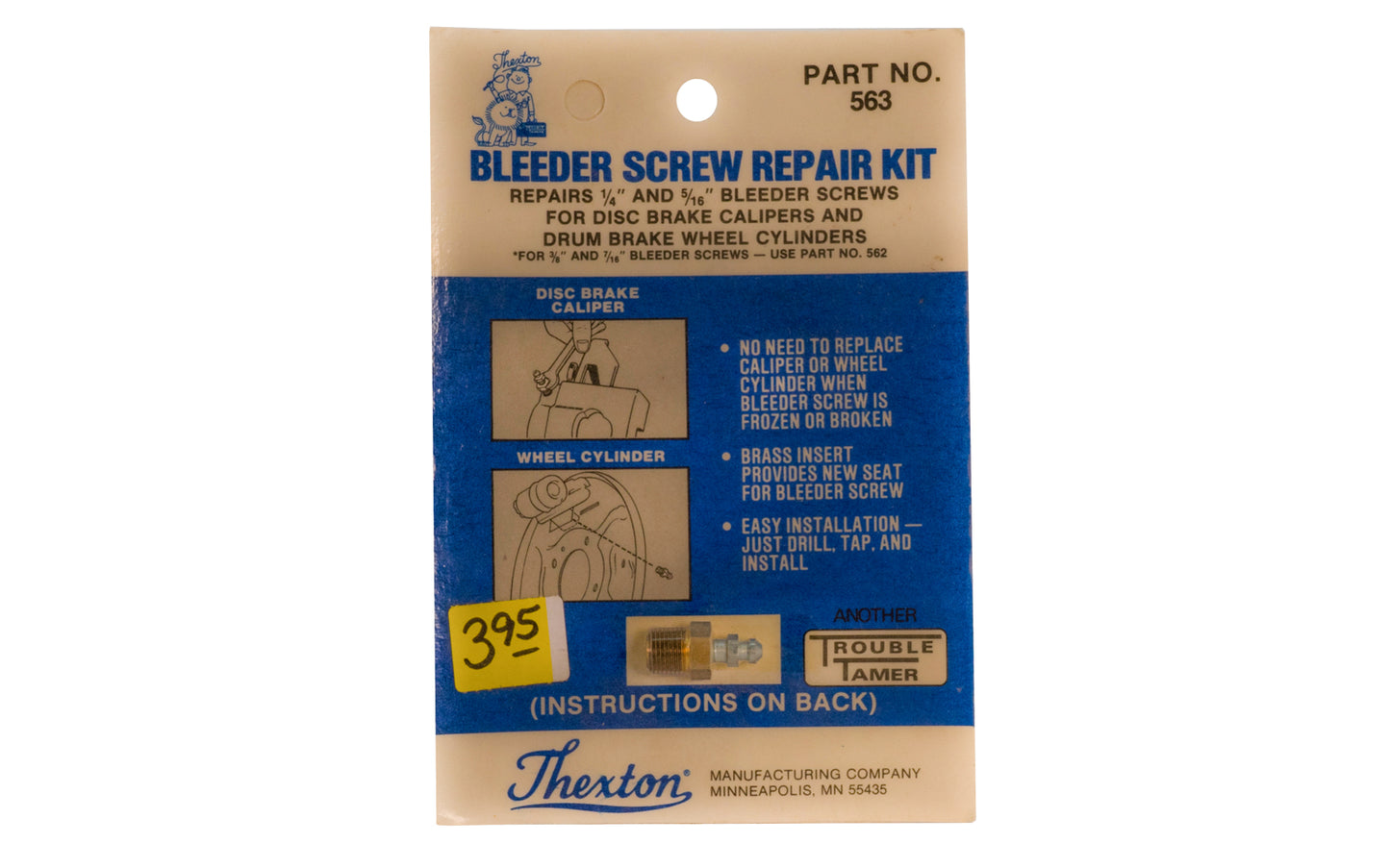 Thexton Bleeder Screw Repair Kit. Part No. 563.  Thexton Manufacturing Company, Minneapolis MINN.