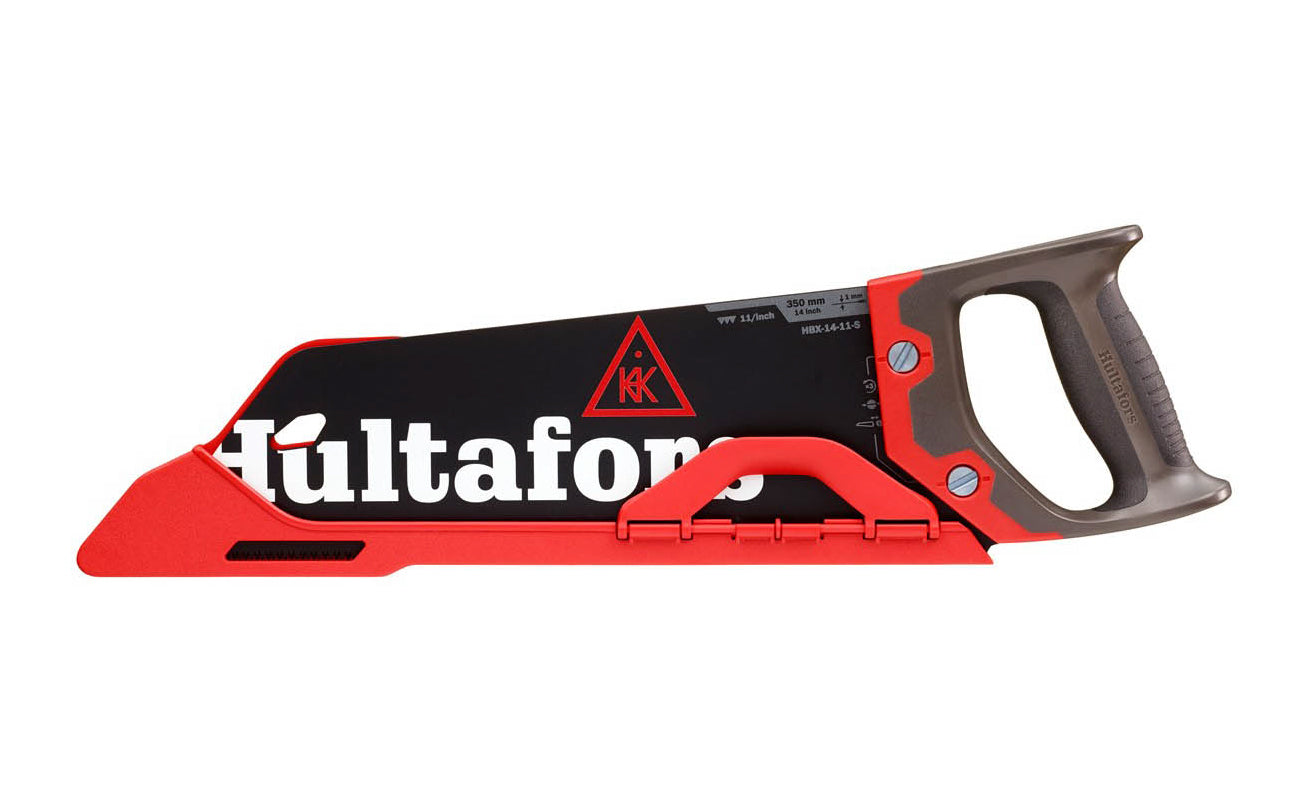 Hultafors Model HBX-14-11-S - 14” long blade - Toolbox hand saw - 11 TPI - Unique teeth’s with 3-phase grinding combines efficiency & long life time - 1 mm thick steel blade - Wax-based powder coating gives rust protection, less friction & power-consuming side vibrations - Ergonomic & durable ABS handle - 590750U