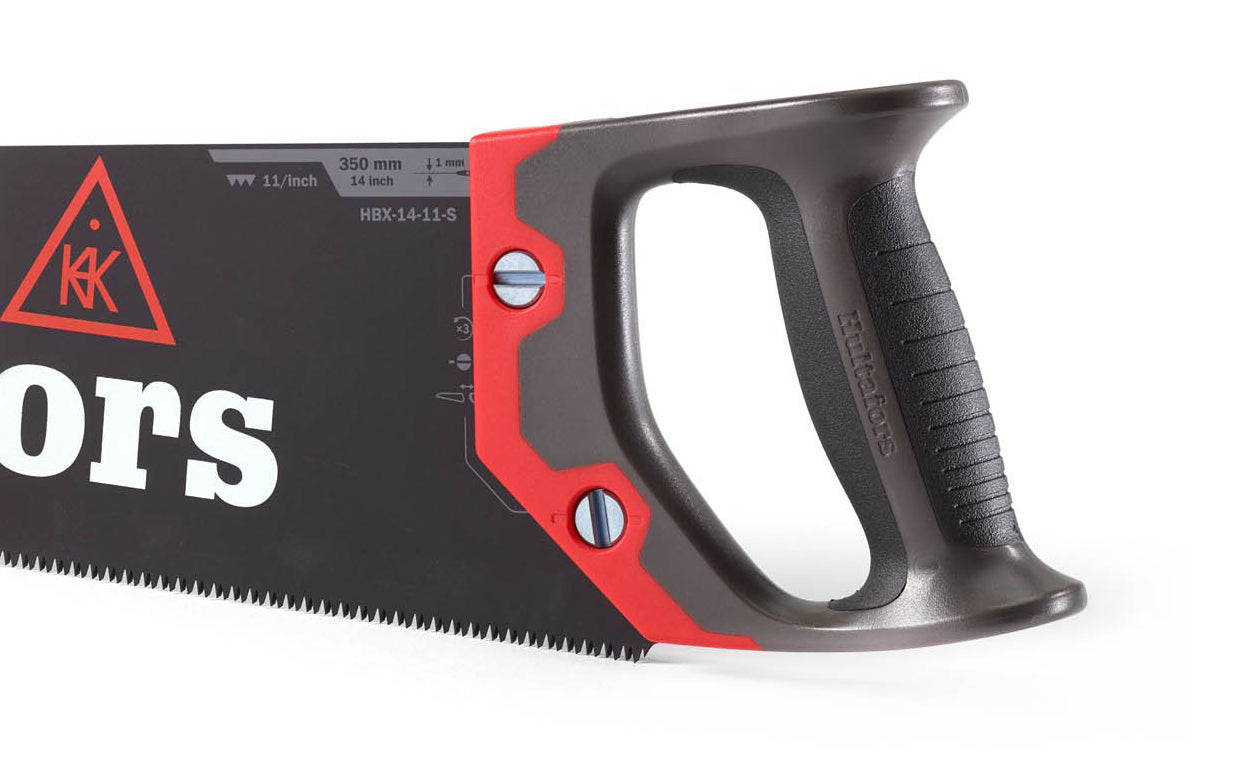 Hultafors Model HBX-14-11-S - 14” long blade - Toolbox hand saw - 11 TPI - Unique teeth’s with 3-phase grinding combines efficiency & long life time - 1 mm thick steel blade - Wax-based powder coating gives rust protection, less friction & power-consuming side vibrations - Ergonomic & durable ABS handle - 590750U