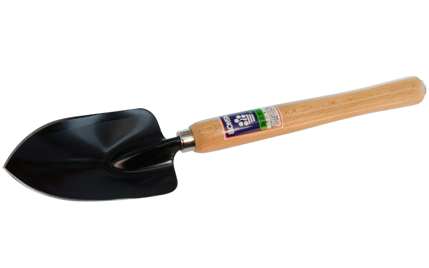 Japanese Garden Trowel With Long Handle. Made of high carbon steel with a black finish. Lacquered hardwood handle with nickel ferrule. 4934740051014.  Made in Japan.