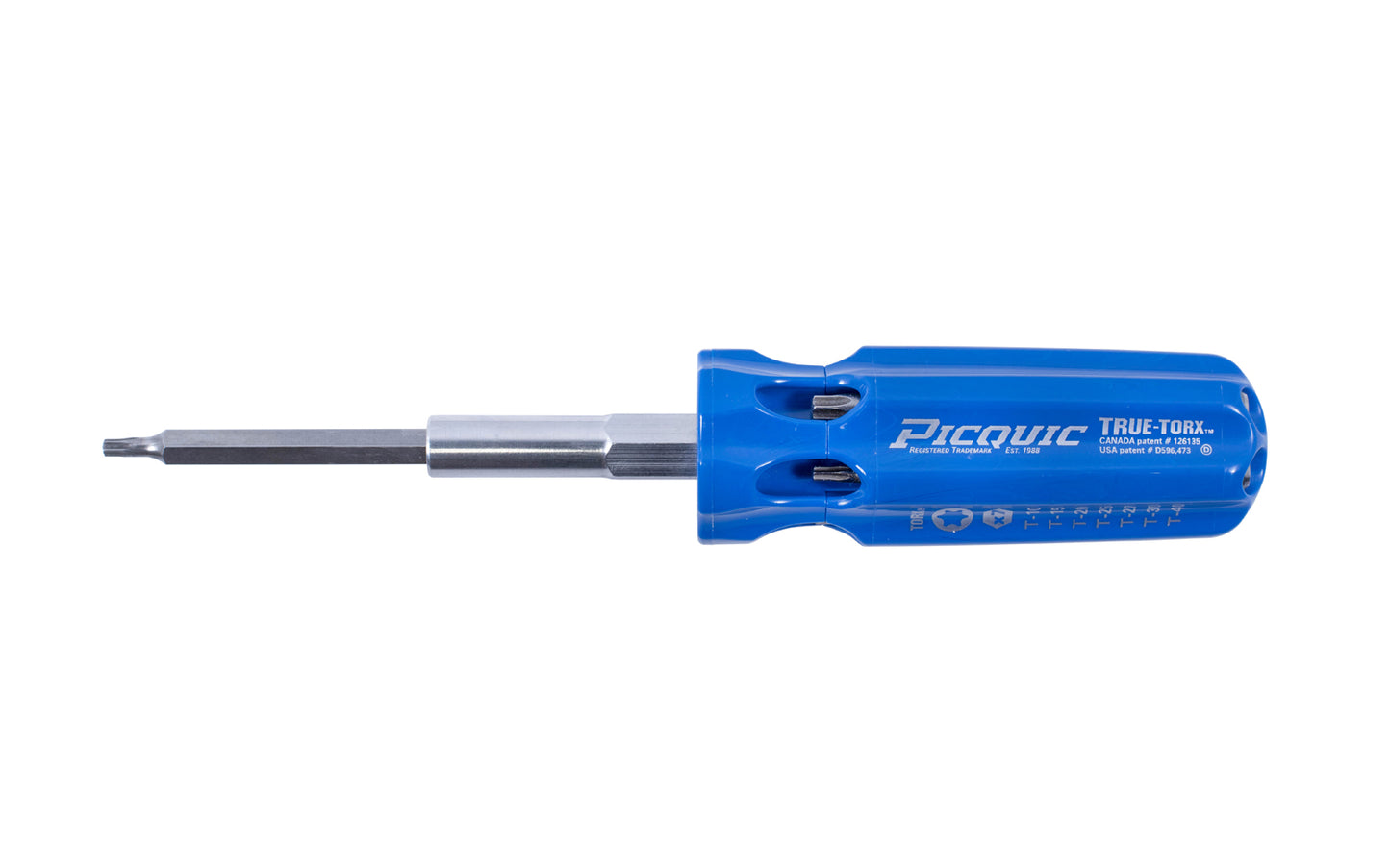 Picquic Model 88155 - "True Torx" with a solid handle for comfort & torque, & has no moving parts. Bits included: 10, 15, 20, 25, 27, 30, 40 Torx bits. Picquic TrueTorx Multi-Bit screwdriver with bit storage in handle. 57369881559. magnetic rare earth magnet holds the working bit in shank. Precision-machined power bits