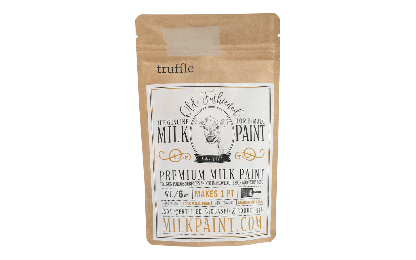 This Milk Paint color is "Truffle" - Dark cream with light brown undertones. Comes in a powder form, you can control how thick/thin you mix the paint. Use it as you would regular paint, thinner for a wash/stain or thicker to create texture. Environmentally safe, non-toxic & is food safe. 100% VOC free. Powder Paint