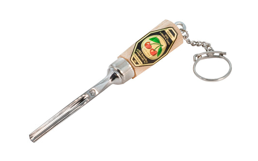 Special & cute Two Cherries mini chisel gouge keychain. 4-1/2" chisel length with the keychain & spilt ring attached with screw eye. A great & fun little item. Model No. 3250. 4016649034852