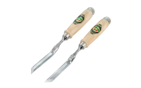 A pair of 45° Cranked & Skew Bevel Edge Chisels made by Two Cherries in Germany. They are great for cleaning out tight inside corners, protruding dovetails, stopped dados, tenons, dowels & other applications. Offset Chisels 1058-12mm. High carbon steel, tempered to Rc61 Rockwell. Cranked-Skew Bevel Chisels. 12 mm