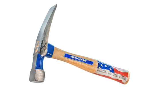 This 16 oz Vaughan Bricklayer's Hammer has a square, flat face with beveled edges. 10-3/8" American Hickory handle. Brick hammer has a rust-resistant powder coat finish.   Made in USA. 051218177107.  Model BL16