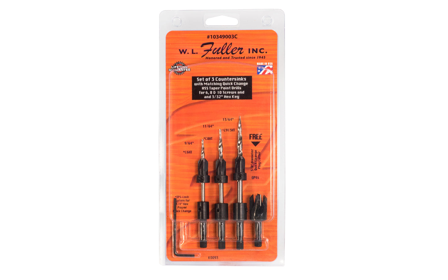 WL Fuller 3-piece countersink set with 3/8" plug cutter. Model 10349003C ~ With matching quick change HSS taper point drills for #6, #8, & #10 screws. Countersink is made of carbon steel & heat-treated for long life ~ Countersink & counterbore the heads of screws ~ Use in all woods & plastics - 82° cutting angle head