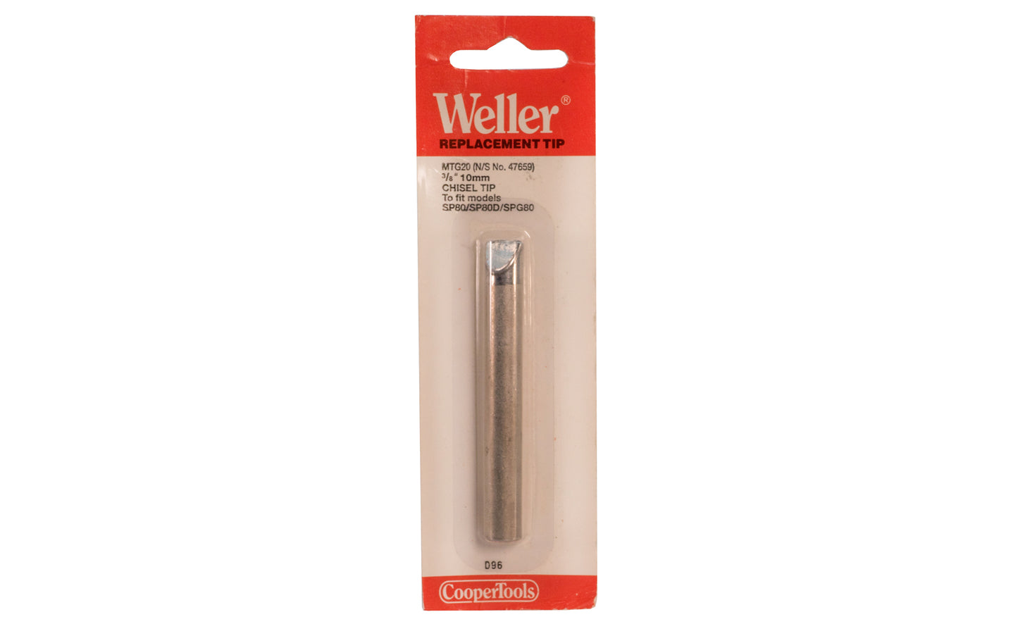 Weller 3/8" Chisel Tip - MTG20. One replacement tip in pack.   Made by Weller - Cooper Tools. Designed for model SP80, SP80D, SPG80.  Made in USA.