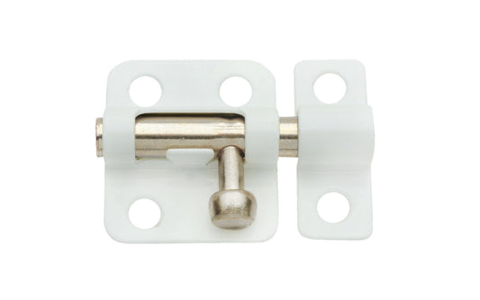 Cellar window bolt. Features durable cold rolled steel construction. Pan head screws included. 2" width x 1-1/2" height. National Hardware Model No. N248492. 2" White Window Bolt. 038613248496. White painted throw bolt. White barrel bolt
