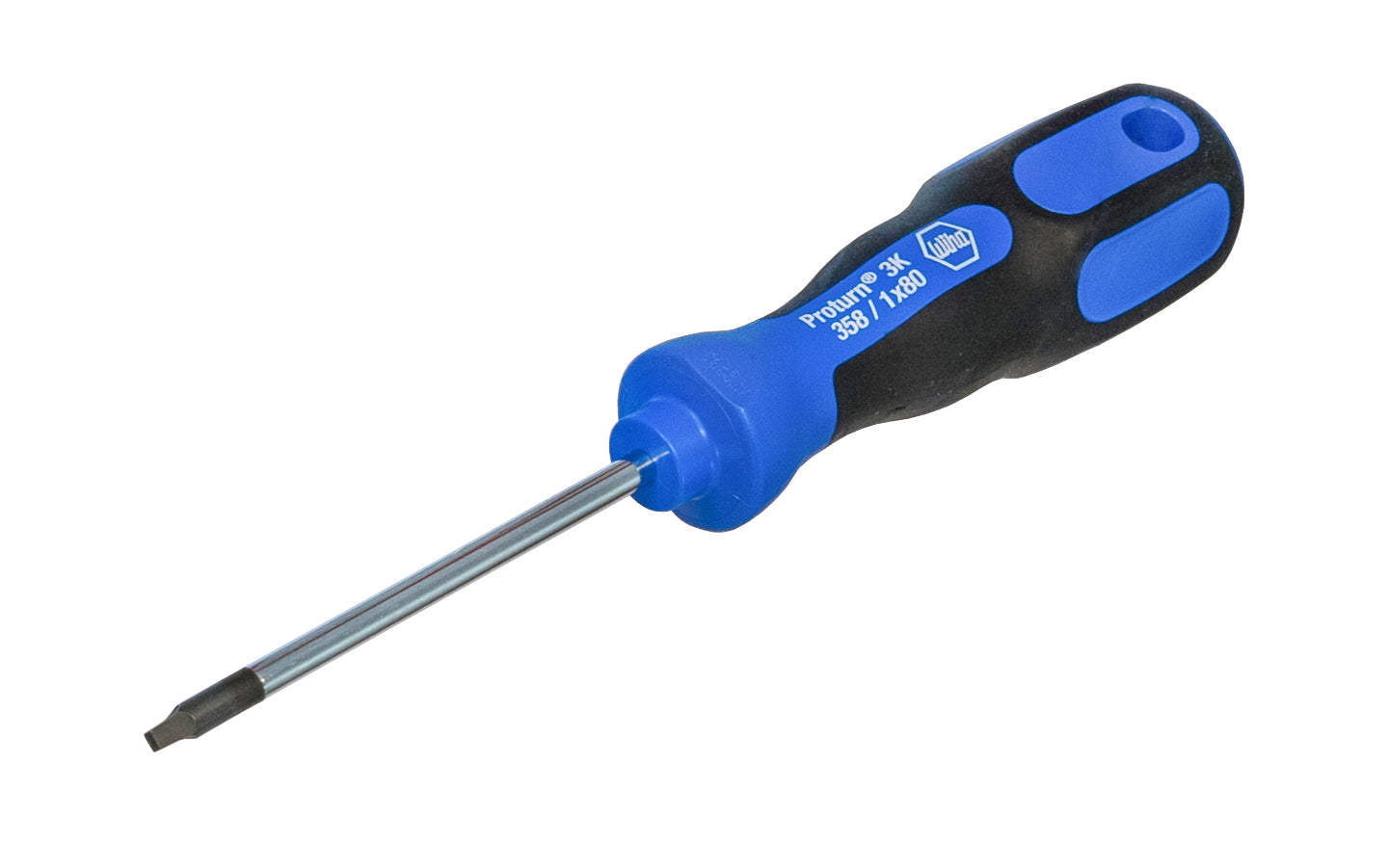 High quality Wiha No. 1 square screwdriver made out of special CVM steel that is 60 HRC hardened durability. Bright chrome shaft with soft grip ergonomic handle. Wiha Model No. 45831 - "Proturn" 3K 358 / #1x80.   Made in Germany - No. 1 SQ Screwdriver - Blue Handle - 084705458311 - # 1 Square Screwdriver - German Made