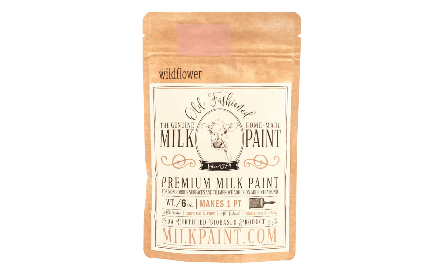 This Milk Paint color is "Wildflower" - Soft dusty rose pink. Comes in a powder form, you can control how thick/thin you mix the paint. Use it as you would regular paint, thinner for a wash/stain or thicker to create texture. Environmentally safe, non-toxic & is food safe. 100% VOC free. Powder Paint