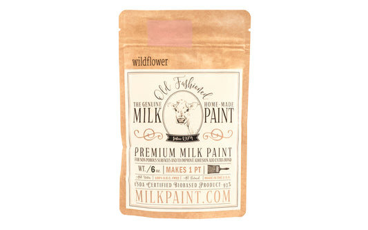This Milk Paint color is "Wildflower" - Soft dusty rose pink. Comes in a powder form, you can control how thick/thin you mix the paint. Use it as you would regular paint, thinner for a wash/stain or thicker to create texture. Environmentally safe, non-toxic & is food safe. 100% VOC free. Powder Paint