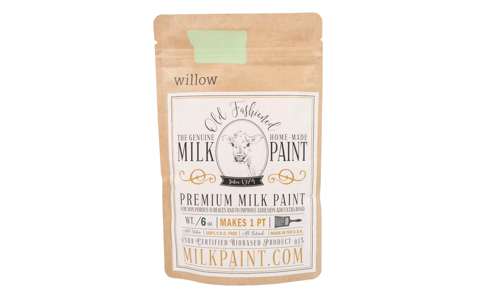 This Milk Paint color is "Willow" color - Light summer green. Comes in a powder form, you can control how thick/thin you mix the paint. Use it as you would regular paint, thinner for a wash/stain or thicker to create texture. Environmentally safe, non-toxic & is food safe. 100% VOC free. Powder Paint