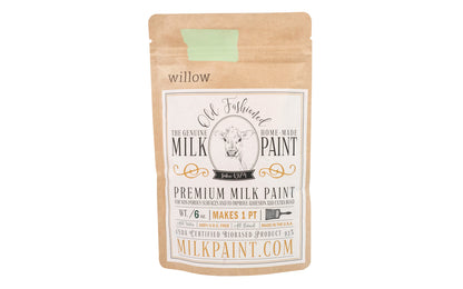This Milk Paint color is "Willow" color - Light summer green. Comes in a powder form, you can control how thick/thin you mix the paint. Use it as you would regular paint, thinner for a wash/stain or thicker to create texture. Environmentally safe, non-toxic & is food safe. 100% VOC free. Powder Paint