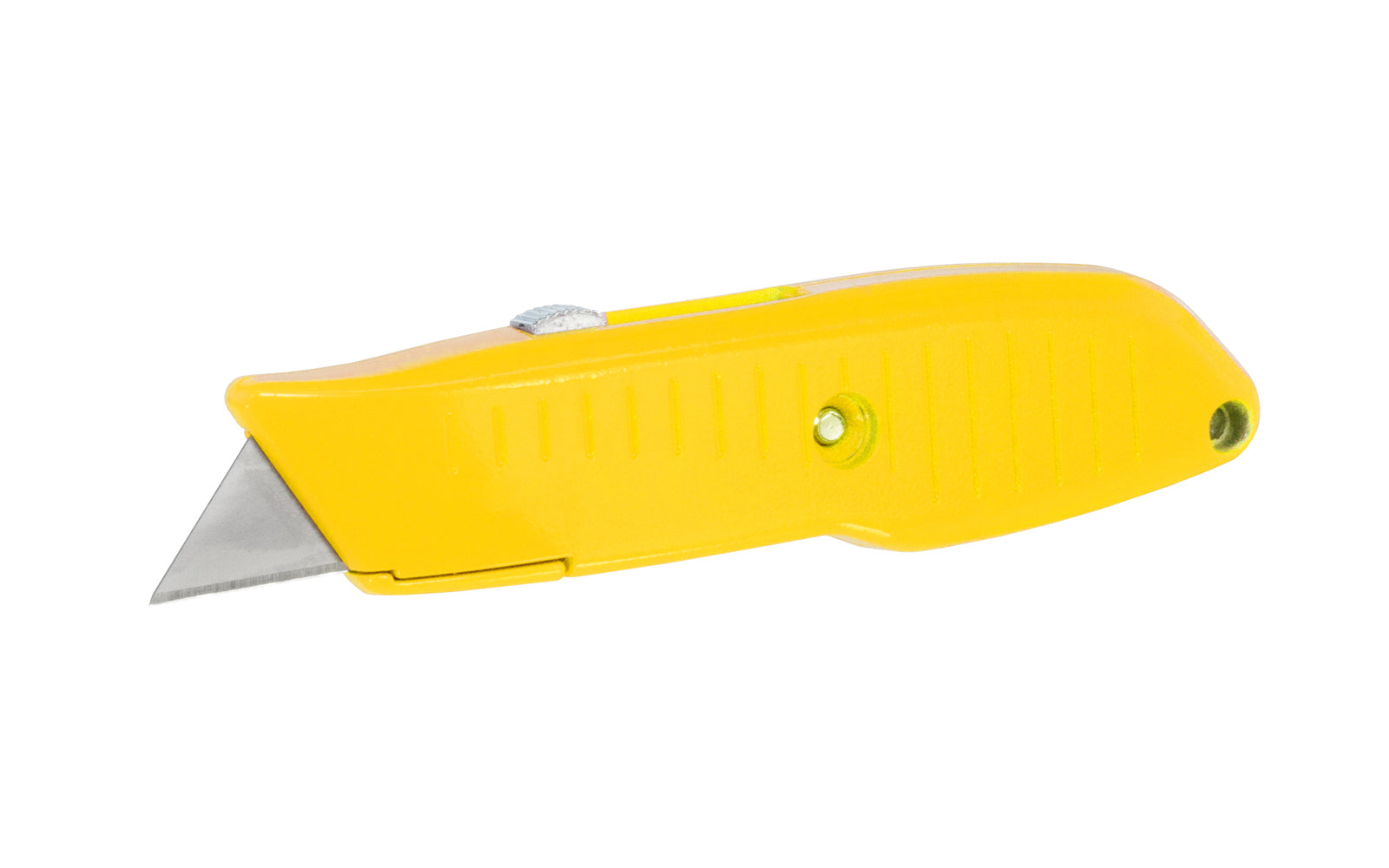 Lutz #82 Retractable Utility Knife in a yellow color. Die cast body from zinc for strength & durability. Etched ribs for a good grip. Metal utility knife with built zinc retractor for smooth operation in three cutting positions. Blade storage inside knife. Takes heavy duty utility knife blades. 052427382023. Model 82