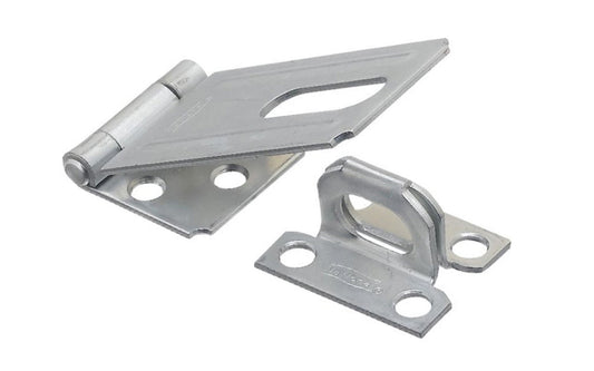 3-1/4" zinc-plated safety hasp is designed to secure a wide variety of cabinets, small doors, boxes, trunks, & more. For security, all screws are concealed when hasp is closed. Includes rigid, non-swivel staple. National Hardware Model N102-277. 038613102279. Plated to withstand weather conditions & prevent corrosion.