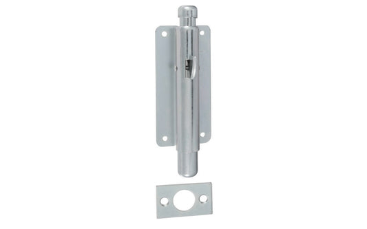 This zinc-plated steel foot bolt is designed for use on cabinet, double screen, garage, & industrial doors. 6" length. 7/8" bolt throw length. Lever to raise bolt has positive action. Bolt is held in place when raised by an oil-tempered steel friction spring. National Hardware Model N151-027. 038613151024. 
