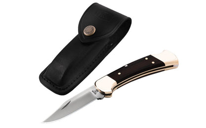 Buck Knives 112 Folding Ranger Knife & Leather Sheath - Made in Idaho - Made in USA ~ Model No. 0112BRS ~ Very popular & classic model ~ Genuine ebony handle with solid brass bolsters ~ 3" blade length - Includes a genuine black leather sheath - Blade made of 420HC Stainless Steel - Satin finish  