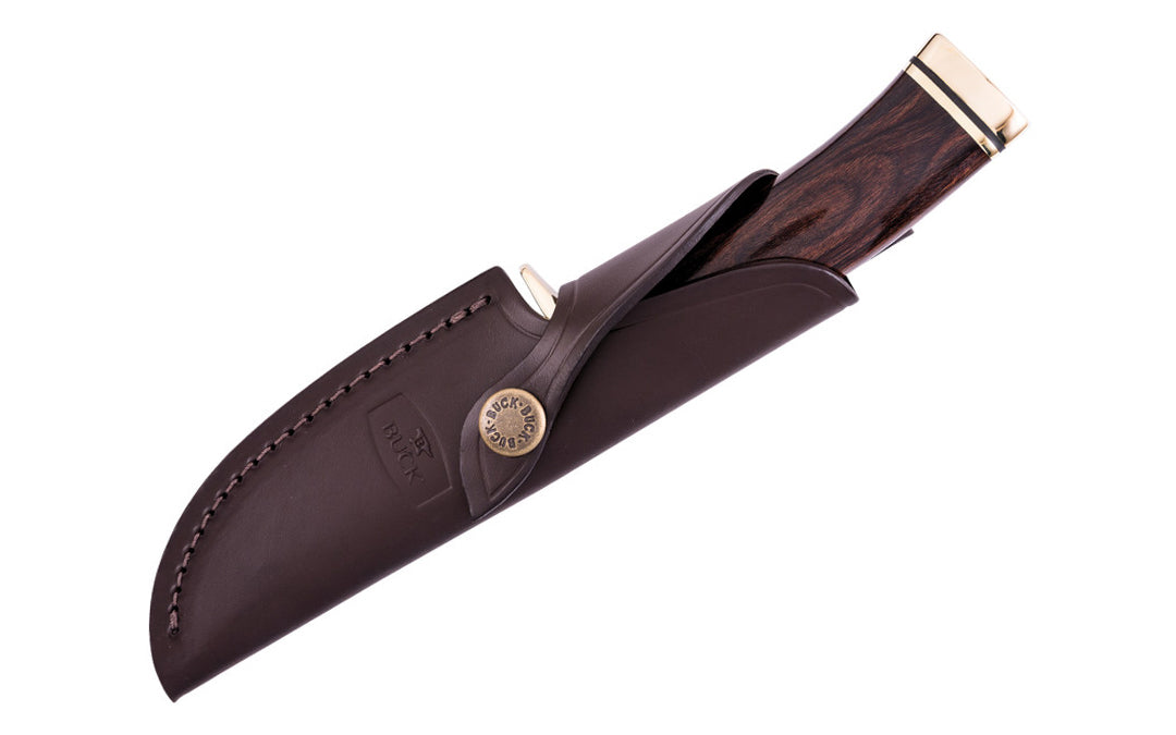 Buck Knives Zipper Knife & Sheath - Fixed Blade with Walnut Dymalux Handle - Model No. 0191BRG-B ~ Made in USA ~ Made in Idaho ~ Blade made of 420HC Stainless Steel - Satin finish ~ 4-1/8" long blade ~ Blade made of 420HC Stainless Steel - Satin finish ~ Fixed blade - Full tang ~ Brass bolsters & guard ~ Handsome Walnut Dymalux Handle ~ Includes a genuine brown leather sheath