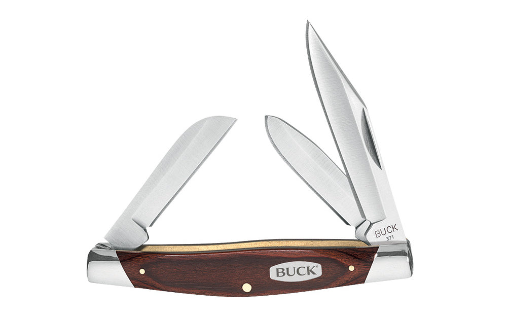 Buck Knives 371 Stockman Pocket Knife - Model No. 0371BRS-B - Three blade knife - "Stockman" model - Three Blade Knife - Woodgrain with nickel silver bolsters  - Blades are made of 420J2 Stainless Steel - Satin finish