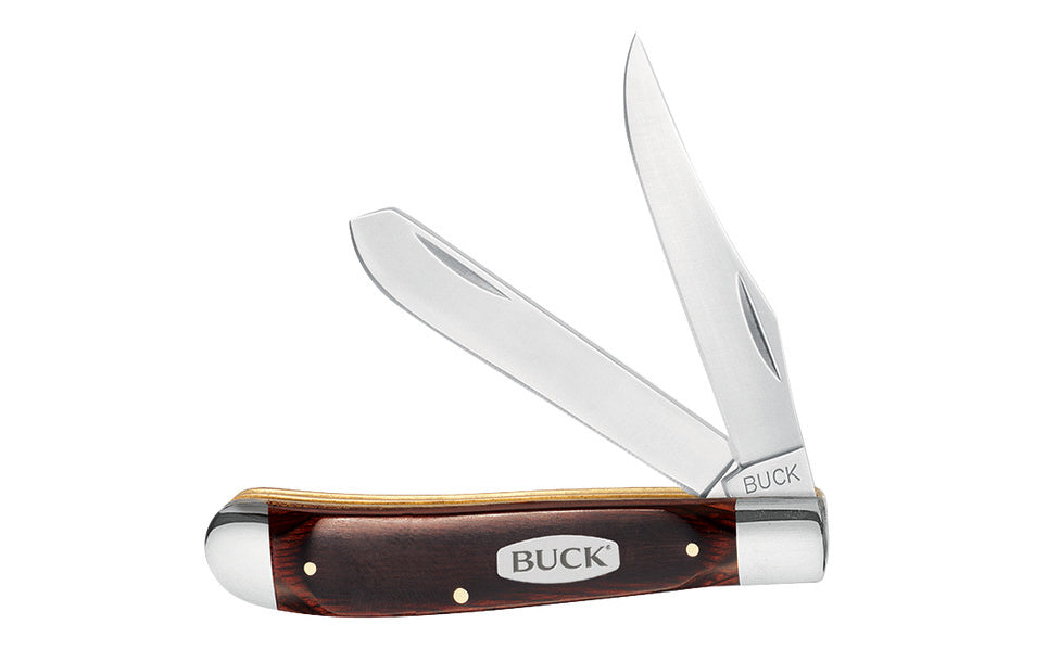 Buck Knives 382 Trapper Pocket Knife - Model No. 0382BRS-B - Double blade knife - "Trapper" model - Two Blade Knife - Woodgrain with nickel silver bolsters  - Blades are made of 420J2 Stainless Steel - Satin finish - Jack Knife