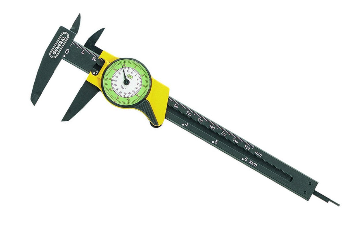 General Tools 6" Dial Caliper - Model No. 142 ~ Direct reading .01" & 1/64" on dial & mm on bar scale - Inside, outside, depth & step measurements ~ 038728441454