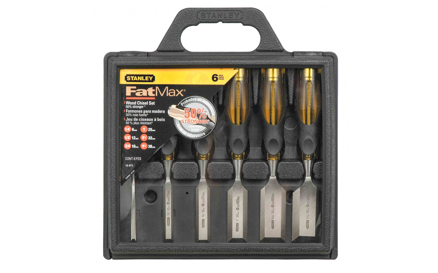 Stanley 6-Piece FatMax Wood Chisel Set ~ 1/4" (6mm), 1/2" (12mm), 3/4" (18mm), 1" (25mm), 1-1/4" (32mm), 1-1/2" (38mm) - Model No. 16-971 ~ Made in England