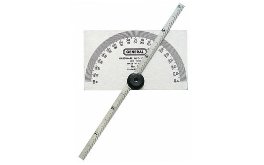 General Tools Model No. 19 ~ Easily mark, measure & transfer angles for woodworking, machining, & other measuring applications including a measuring depth gauge ~ Stainless steel ~ 6" protractor arm with knurled locking nut ~ 3-3/8" x 2" size head ~ Etched graduations ~ Square head  ~ Made in USA
