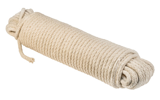 Natural Cotton Braided Sash Cord ~ #10 Size - 5/16" x 100'. Maximum wear & high breaking strength (44 lb. working load limit). Solid braided cotton sash cord for sash windows #10 size cord ~ Natural cotton fiber ~ Low stretch ~ 5/16" thick diameter x 100' long. Great for other purposes around the shop.