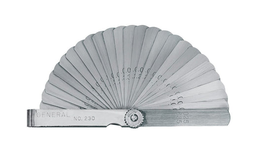General Tools Feeler Gage - 26 leaf gauge - Each leaf is etched with a size number (its thickness) measured in thousandths of an inch, as well as its millimeter equivalent - ideal for adjusting & gaging spark plugs, distributor points & valve clearances, as well as measuring spaces between parts ~ Model 230 ~ 038728313119